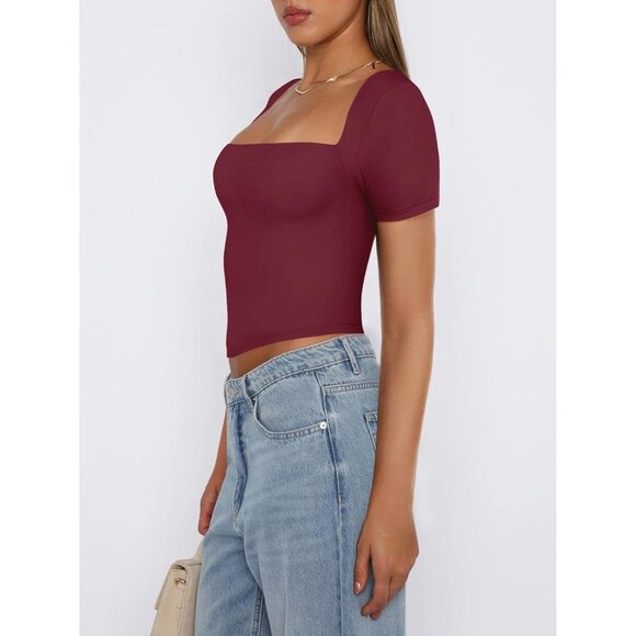 🆕 Women Red Square Neck Crop Top Sexy Short Sleeve Cute Basic Cropped T Shirts - Picture 3 of 6